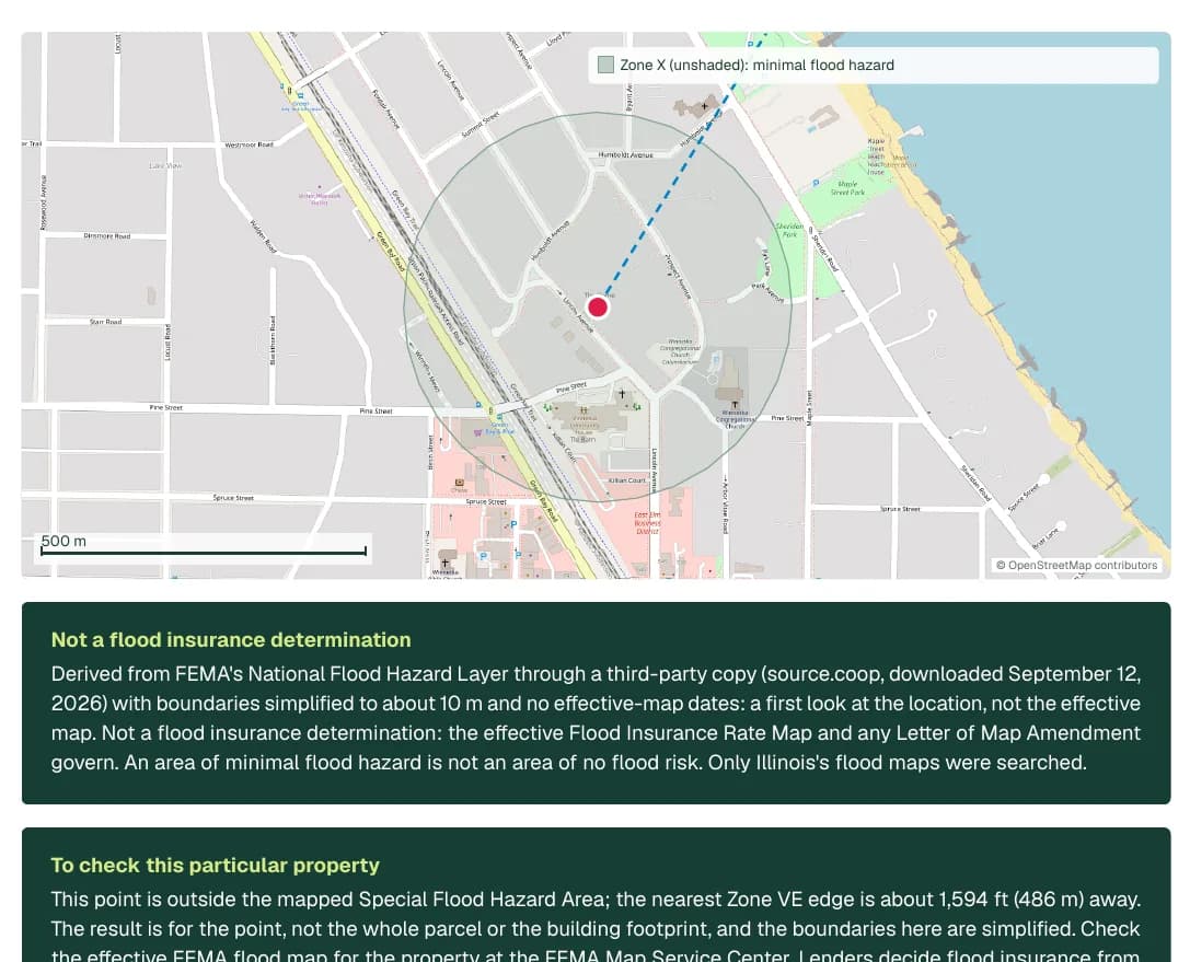 A map of the flood zones around the report point with a 500 metre scale, and two notes beneath it: not a flood insurance determination, and how to check the particular property.