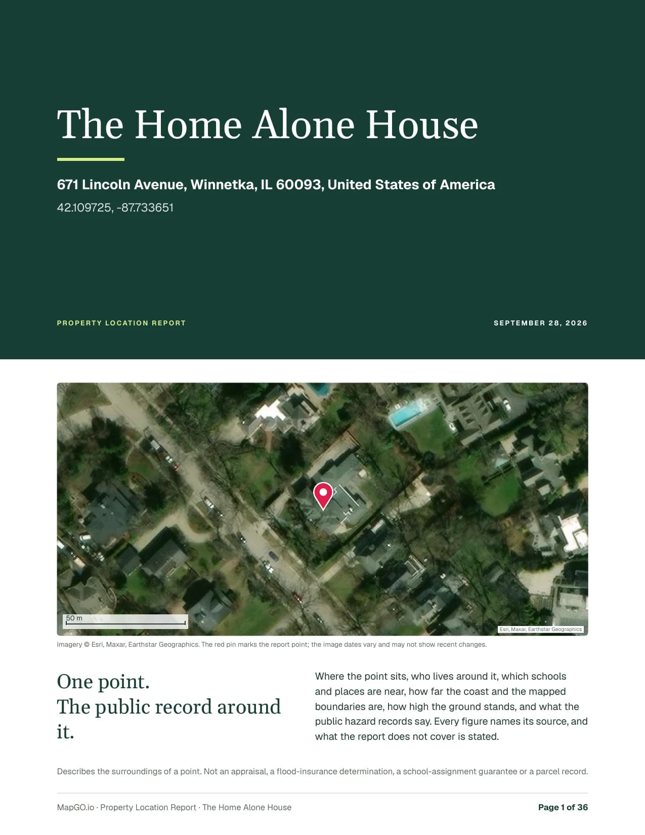 The cover of a Property Location Report: the address and coordinates over a green band, and a satellite map of the property with a red pin.