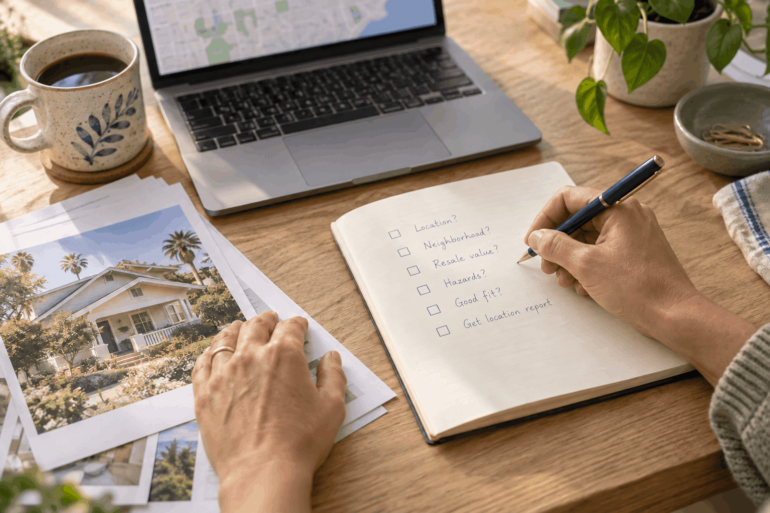 A house listing beside a short checklist of flood, schools, market and hazard questions