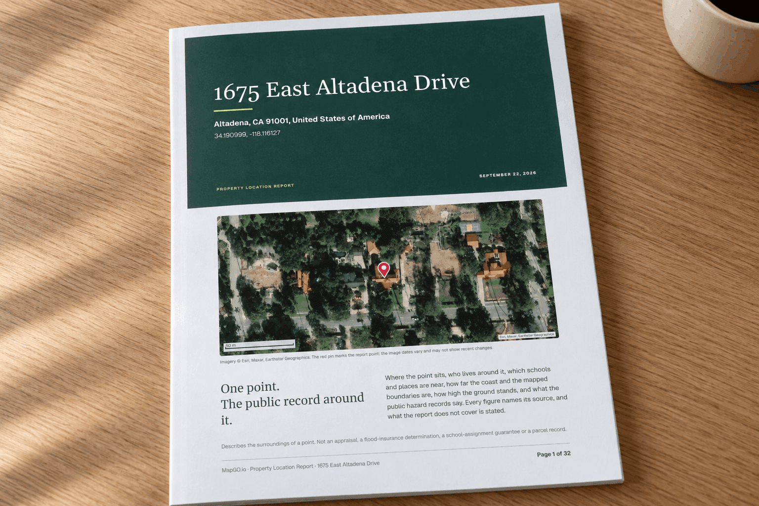A property report cover with a small company name in the header and a map pin
