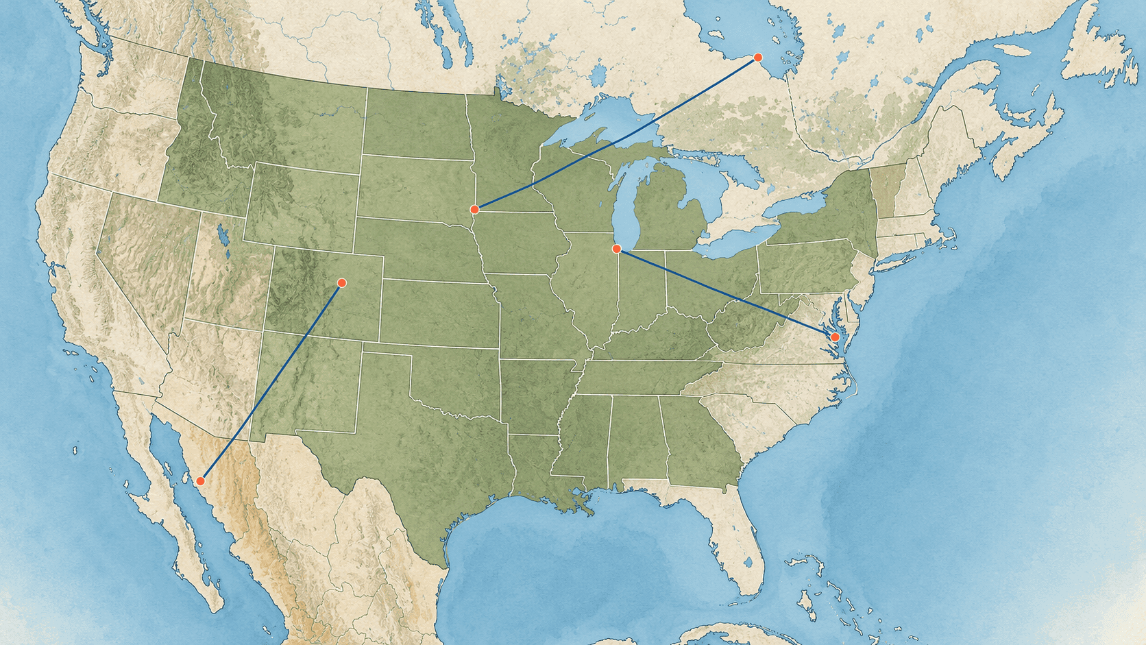 Map of the cities farthest from the sea, with lines to their nearest coast